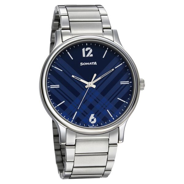 Sonata Smart Plaid Quartz Analog Blue Dial Stainless Steel Strap Watch for  Men