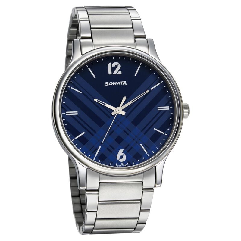 Sonata Smart Plaid Quartz Analog Blue Dial Stainless Steel Strap Watch for Men
