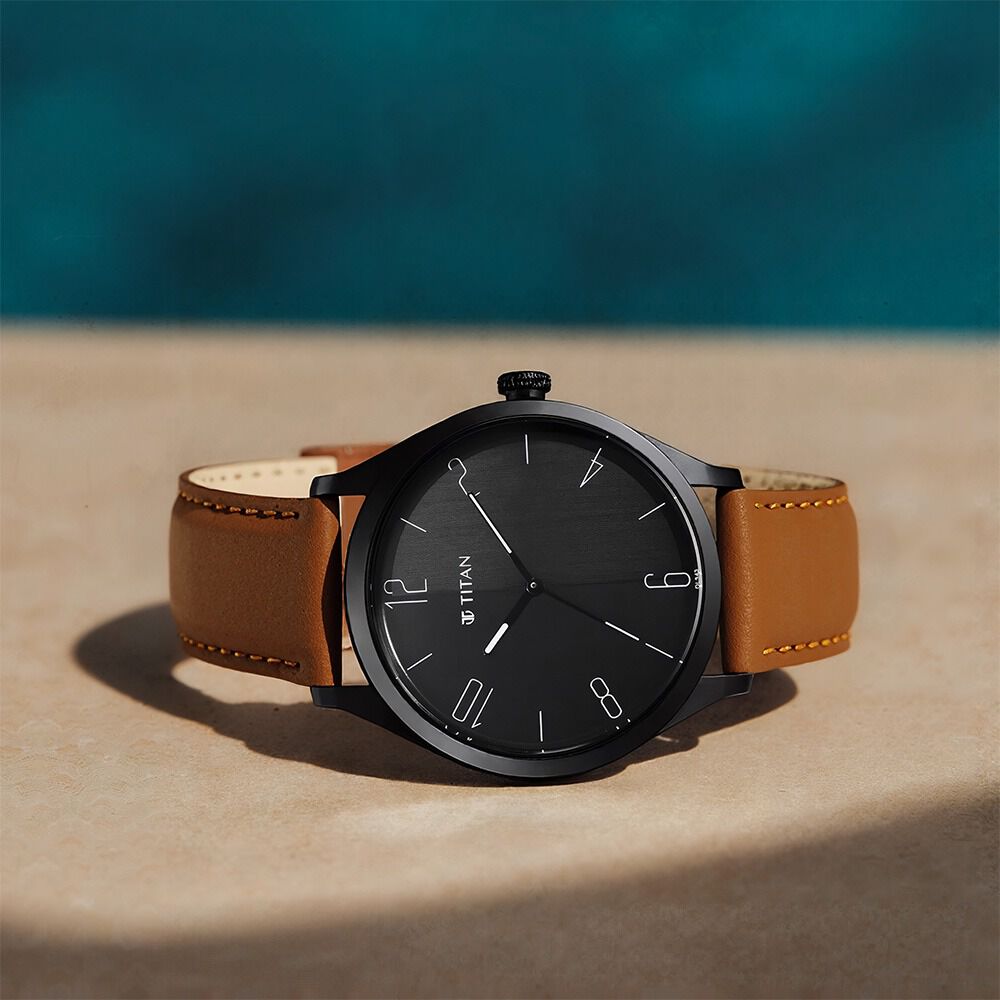 Buy Online Titan Quartz Analog Black Dial Leather Strap Watch for