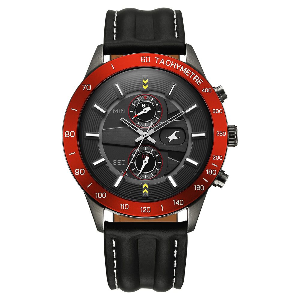 Fastrack Overdrive Quartz Chronograph Tachymeter Grey Dial Black Leather Strap Watch For Guys-image-9