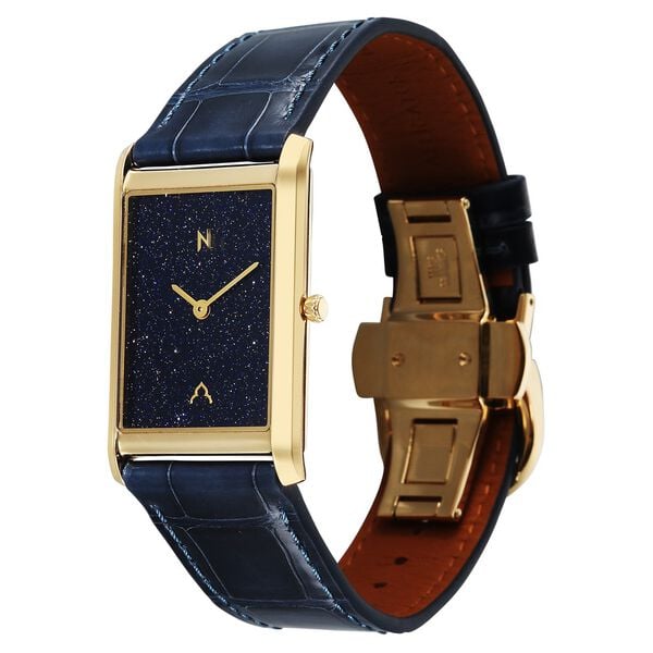 Titan Nebula Amer Stone 18 KT Gold Quartz Analog Aventurine Dial Blue Leather Strap Watch For Men - image number 2