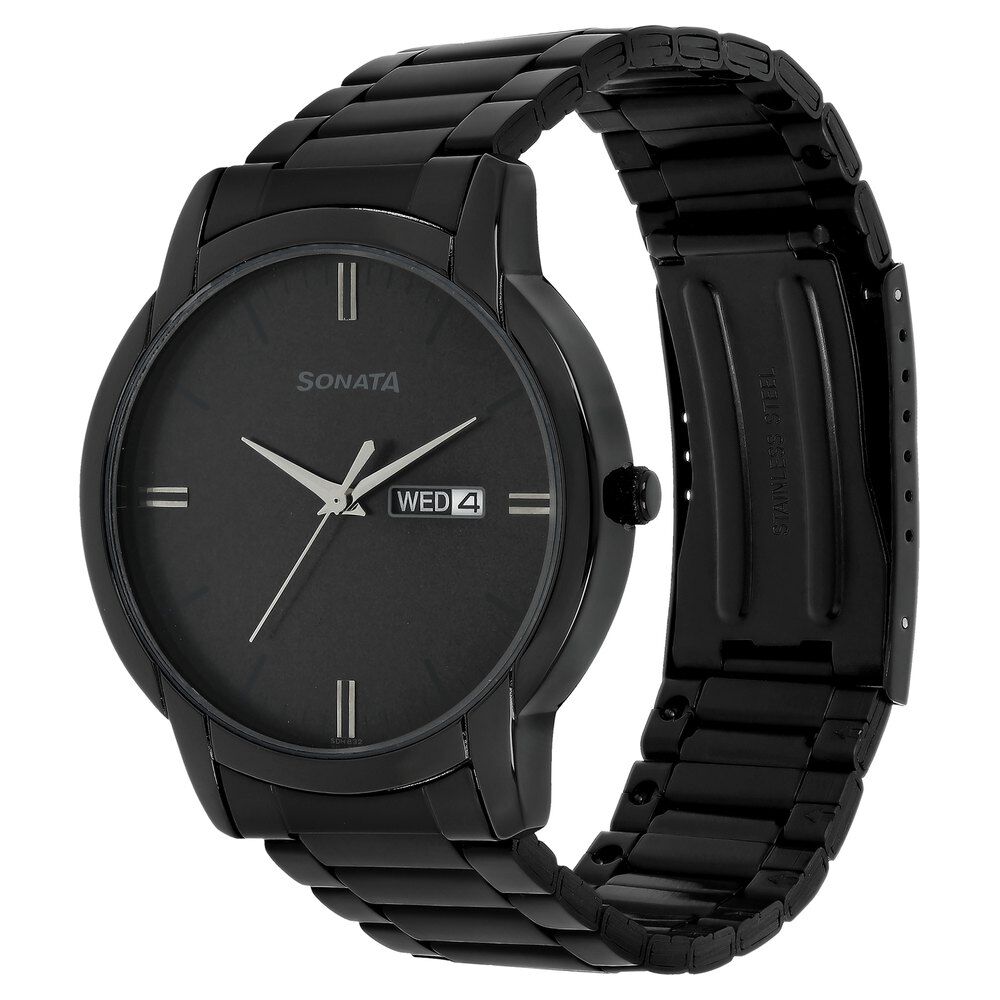 Buy Online Sonata Quartz Analog with Day and Date Black Dial Stainless Steel Strap Watch for Men ns77031nm03 Titan