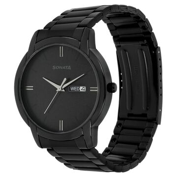 Sonata Quartz Analog with Day and Date Black Dial Stainless Steel Strap Watch for Men