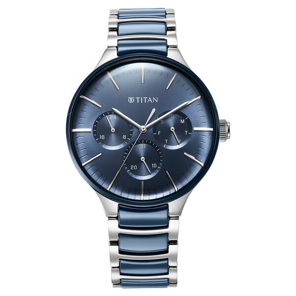 Titan Ceramic Fusion Quartz Multifunction Blue Dial Silver Dual-Toned Stainless Steel Bracelet Watch for Men - image number 1