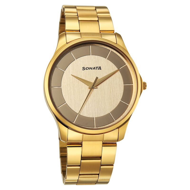Sonata Traditional Essentials Quartz Analog Multicoloured Dial Golden Metal Strap Watch For Men
