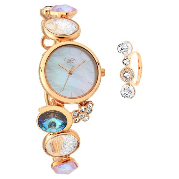 Titan Raga Moments Of Joy Quartz Analog Mother of Pearl Round Dial Rose Gold Metal Strap Watch For Women - image number 0