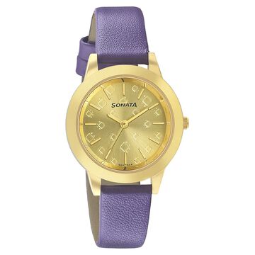Sonata Splash Champagne Dial Women Watch With Leather Strap