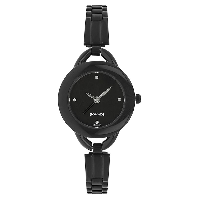 Sonata Quartz Analog Black Dial Stainless Steel Strap Watch for Women