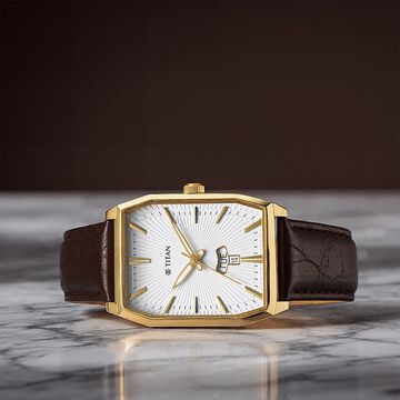 Titan Regalia Opulent White Dial Analog with Day and Date Leather Strap Watch for Men