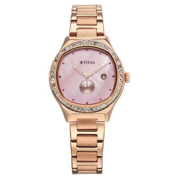 Titan Purple Glamour Quartz Analog with Date Mother Of Pearl Dial Rose Gold Stainless Steel Strap Watch For Women