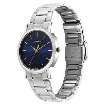 Sonata Classic Quartz Analog Blue Dial Silver Stainless Steel Strap Watch for Men