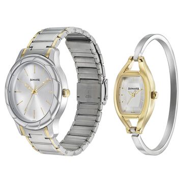 Sonata Quartz Analog Silver Dial Stainless Steel Strap Watch for Couple