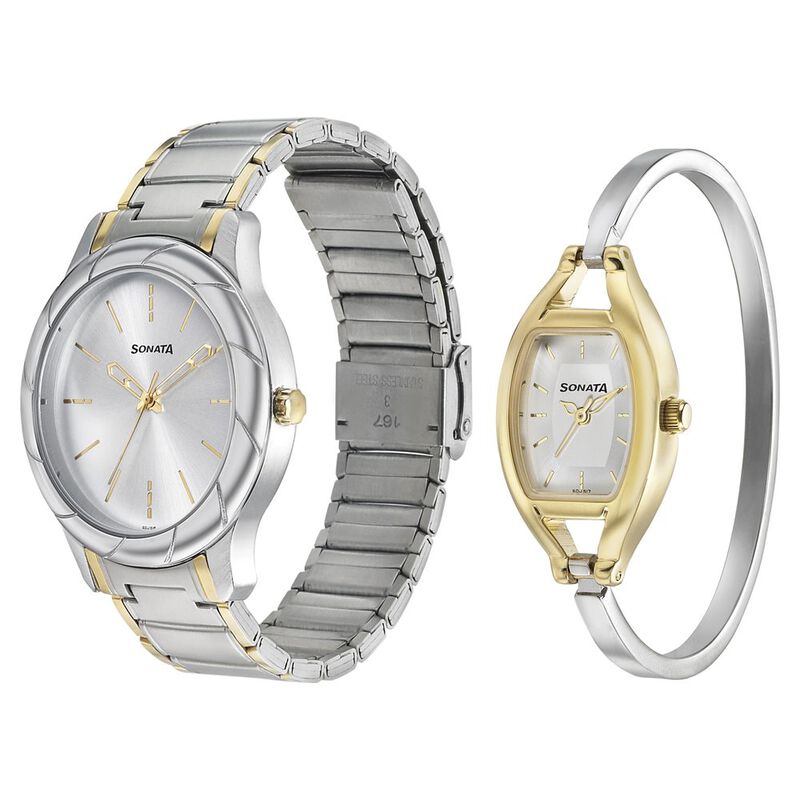 Sonata Quartz Analog Silver Dial Stainless Steel Strap Watch for Couple - image number 1