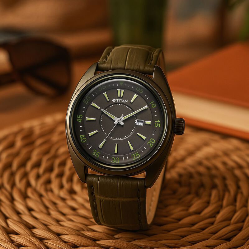 Titan Tonneau Analog with Date and Green Dial Green Leather Strap Watch for Men