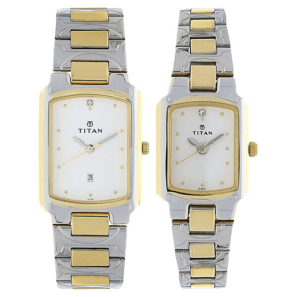 Titan Quartz Analog with Date White Dial Stainless Steel Strap Watch for Couple - image number 0