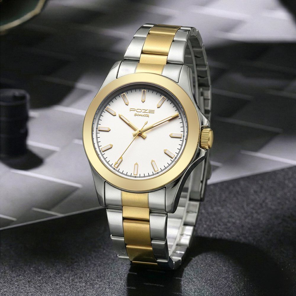 Sonata Poze Quartz Analog White Dial Two Toned Stainless Steel Strap Watch For Men-picture-12