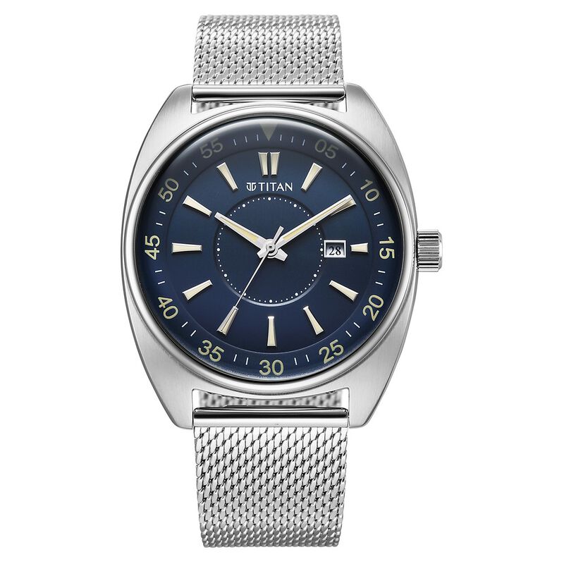 Titan Tonneau Analog with Date and Blue Dial Mesh Stainless Steel Strap Watch for Men