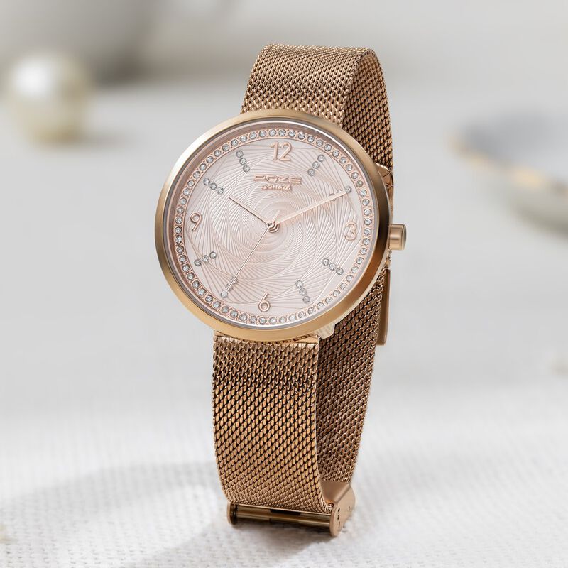 Sonata Poze Quartz Analog Rose Gold Dial Mesh Strap Watch for Women