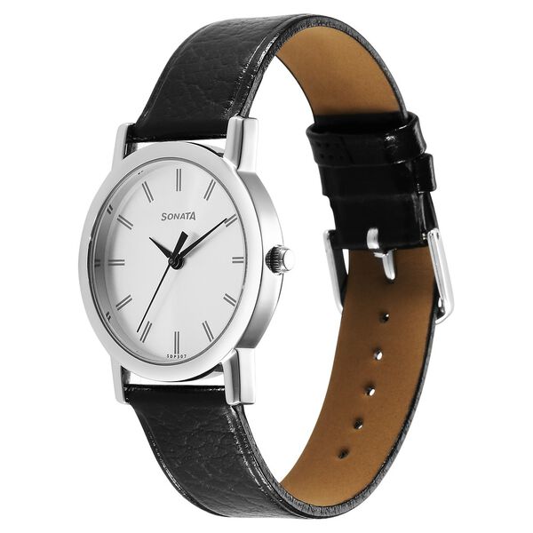 Sonata Classic Quartz Analog Silver Dial Black Leather Strap Watch for Men - image number 1