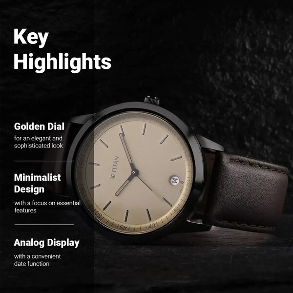 Titan Men's Timeless Style Watch: Refined Gold Dial and Leather Strap - image number 2