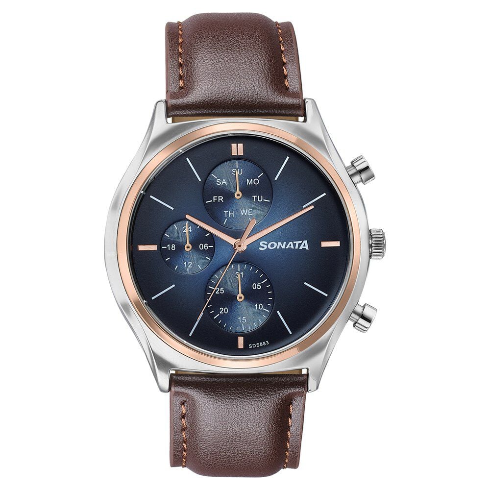 Sonata Festive Quartz Analog Blue Dial Brown Leather Strap Watch For Men-image-38