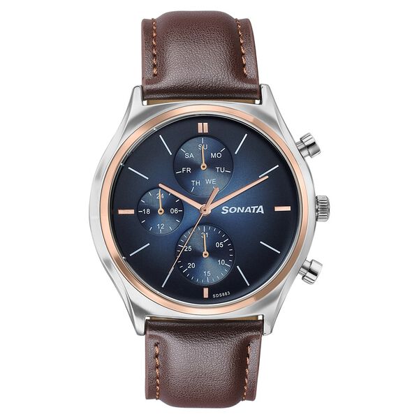 Sonata Festive Quartz Multifunction Blue Dial Brown Leather Strap Watch For Men - image number 0