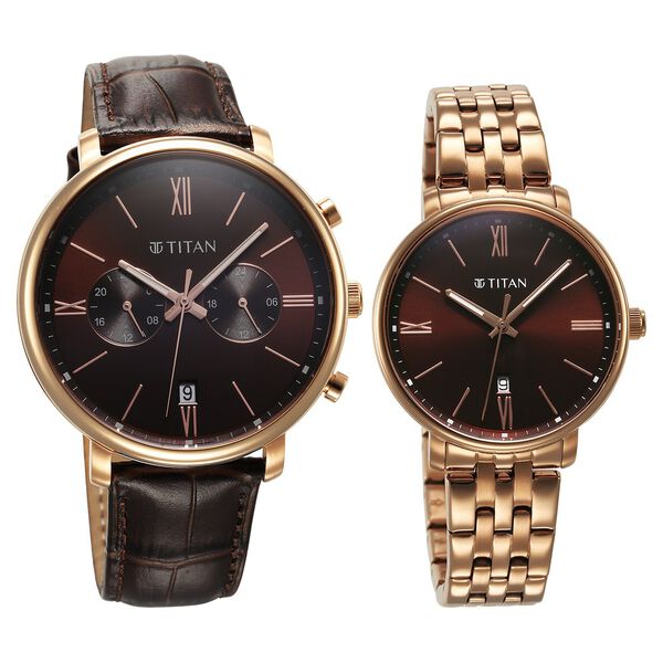 Titan Bandhan Quartz Analog with Date Brown Leather and Stainless Steel Strap for Couple - image number 1