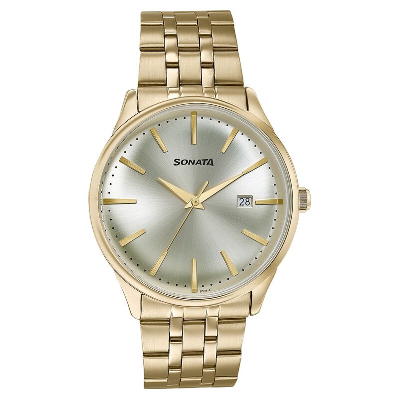 Sonata Wedding Edit Quartz Analog with Date Golden Dial Stainless Steel Strap Watch For Men