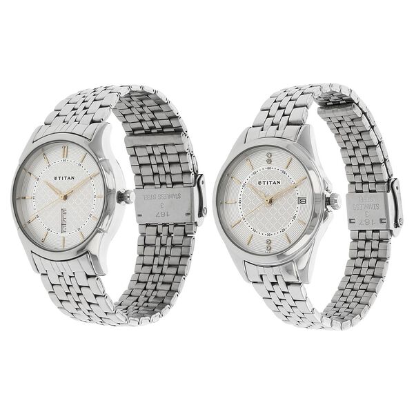 Titan Quartz Analog with Day and Date Silver Dial Stainless Steel Strap Watch for Couple - image number 1