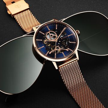 Titan Mechanical Slimline Blue Dial Rose Golden Mesh Strap watch for Men