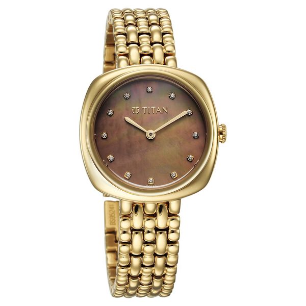 Titan Aura Quartz Analog Brown Mother of Pearl Dial Golden Stainless Steel Strap Watch for Women - image number 1