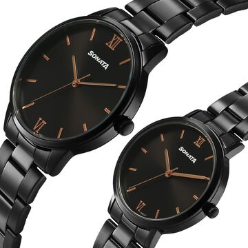 Sonata Perfect Pairs Quartz Analog Black Dial Black Metal Strap Watch For Couple
