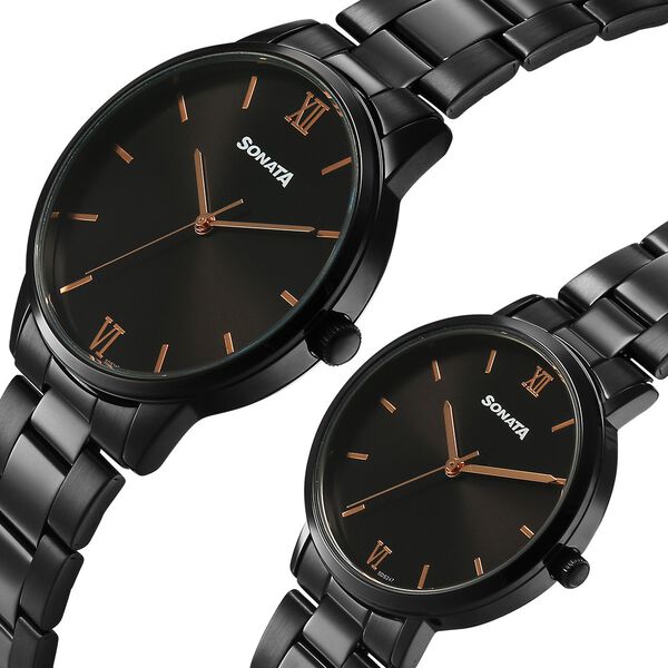 Sonata Perfect Pairs Quartz Analog Black Dial Black Metal Strap Watch For Couple - image number 2