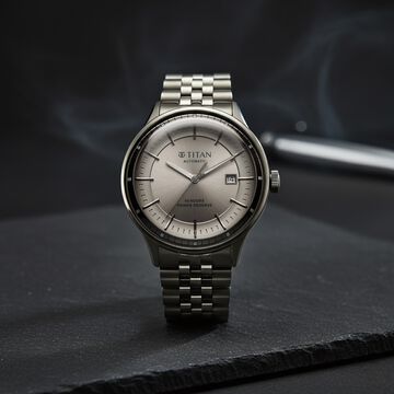Titan Weekender 60 Hours Power Reserve Concealed Automatic Analog Gun Dial Dark Gun Stainless Steel Strap Watch for Men