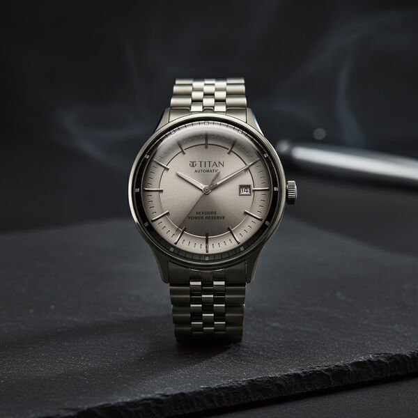 Titan Weekender 60 Hours Power Reserve Concealed Automatic Analog Gun Dial Dark Gun Stainless Steel Strap Watch for Men - image number 0