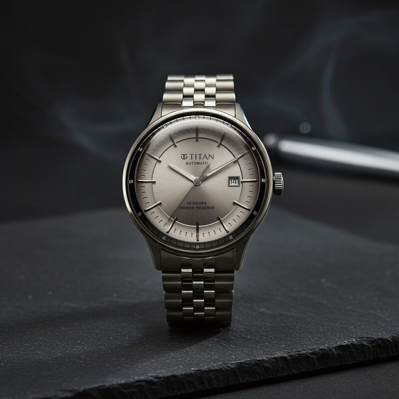 Titan Weekender 60 Hours Power Reserve Concealed Automatic Analog Gun Dial Dark Gun Stainless Steel Strap Watch for Men