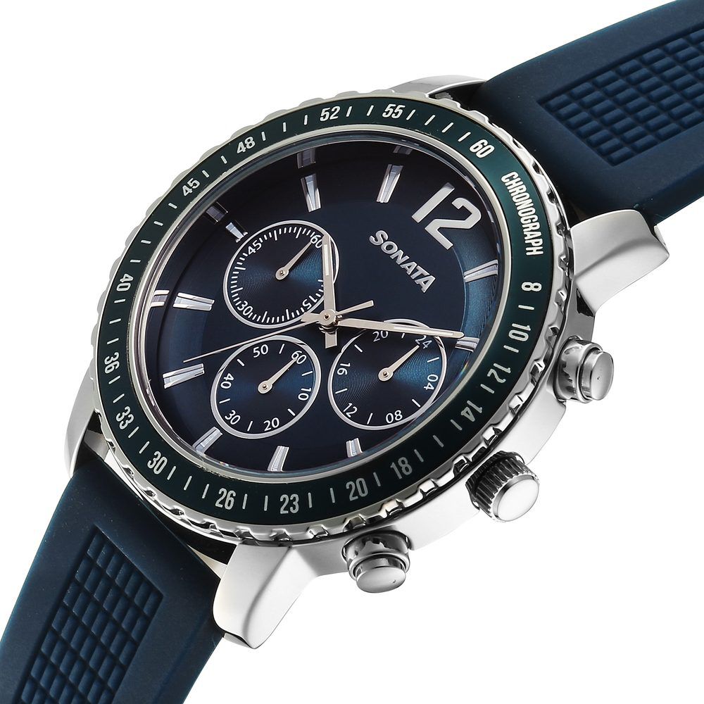 Buy Online Sonata Chronos Quartz Analog with Date Blue Dial Blue