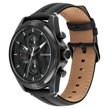 Tommy Hilfiger Multifunction Black Dial Black Color Leather Strap Watch For Men