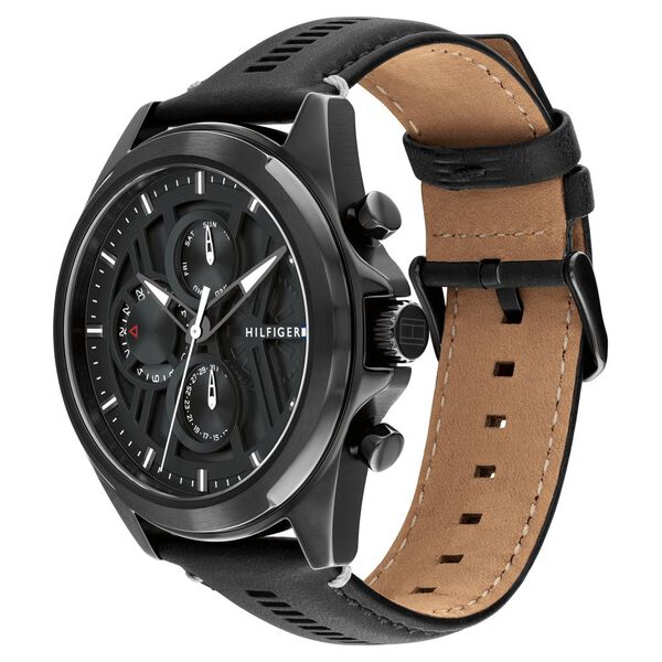 Tommy Hilfiger Multifunction Black Dial Black Color Leather Strap Watch For Men - image number 1