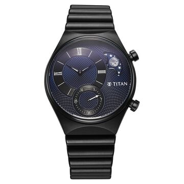 Titan Micromotors Analog with Date and Sun-Moon Sub-Dial and Blue Dial Black Stainless Steel Strap Watch for Men