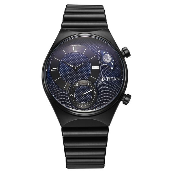 Titan Micromotors Analog with Date and Sun-Moon Sub-Dial and Blue Dial Black Stainless Steel Strap Watch for Men - image number 1