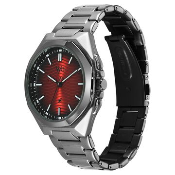 Vyb Quest By Fastrack Quartz Analog Red Dial Grey Stainless Steel Strap Watch For Guys