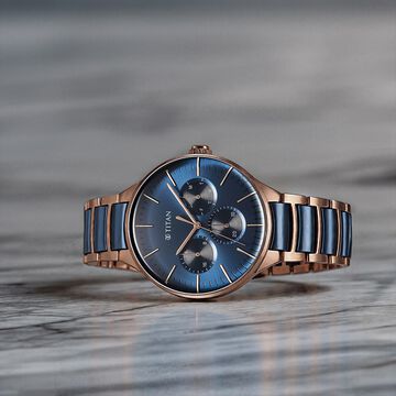Titan Ceramic Fusion Multifunction Blue Dial Stainless Steel With Ceramic Links Strap Watch For Men
