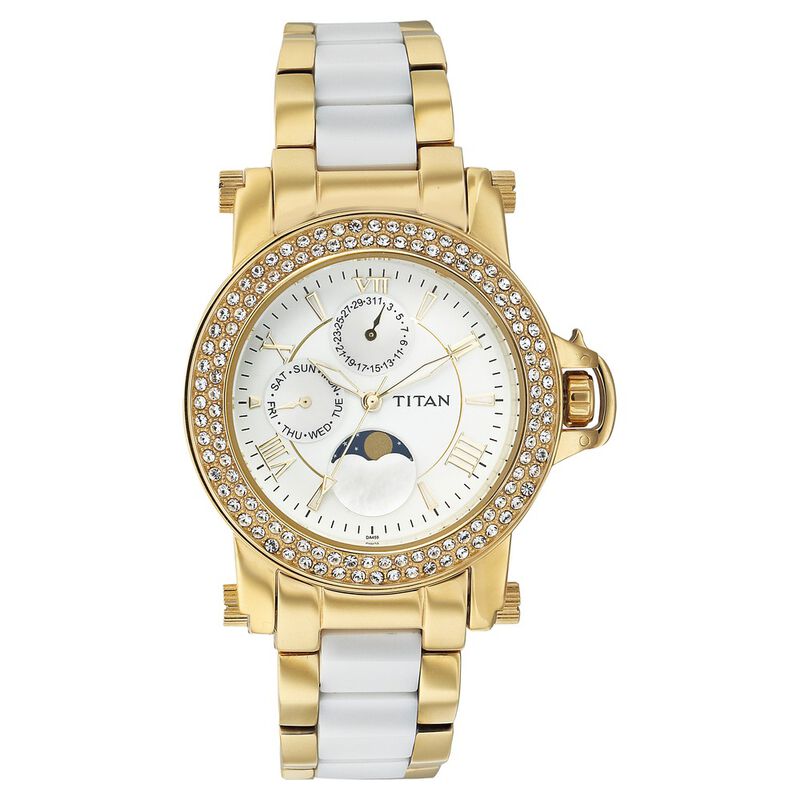 Titan Quartz Multifunction with Moon Phase White Dial Watch for Women