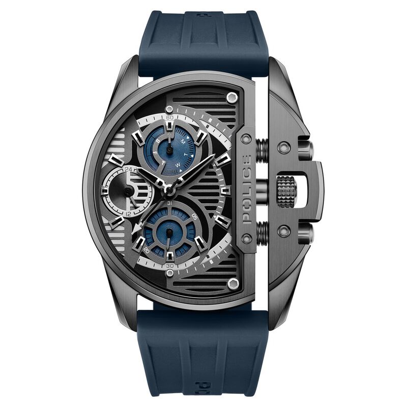Police Quartz Multifunction Black Dial Blue Silicon Strap Watch For Men