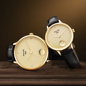 Sonata Gold Quartz Analog Champagne With Gold Coin Dial Black Leather Strap Watch For Women
