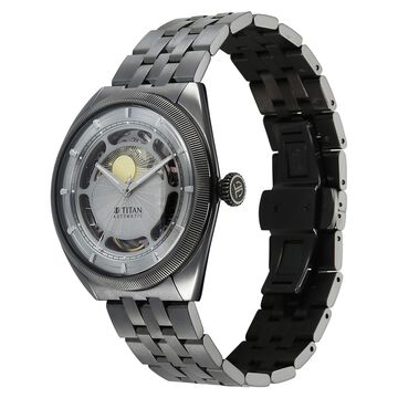 Titan Stellar Cupola Automatic Analog with Sun Moon Phase and Silver Dial Dark Gun Stainless Steel Strap Watch for Men