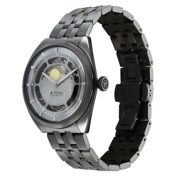 Titan Stellar Cupola Automatic Analog with Sun Moon Phase and Silver Dial Dark Gun Stainless Steel Strap Watch for Men - image number 4