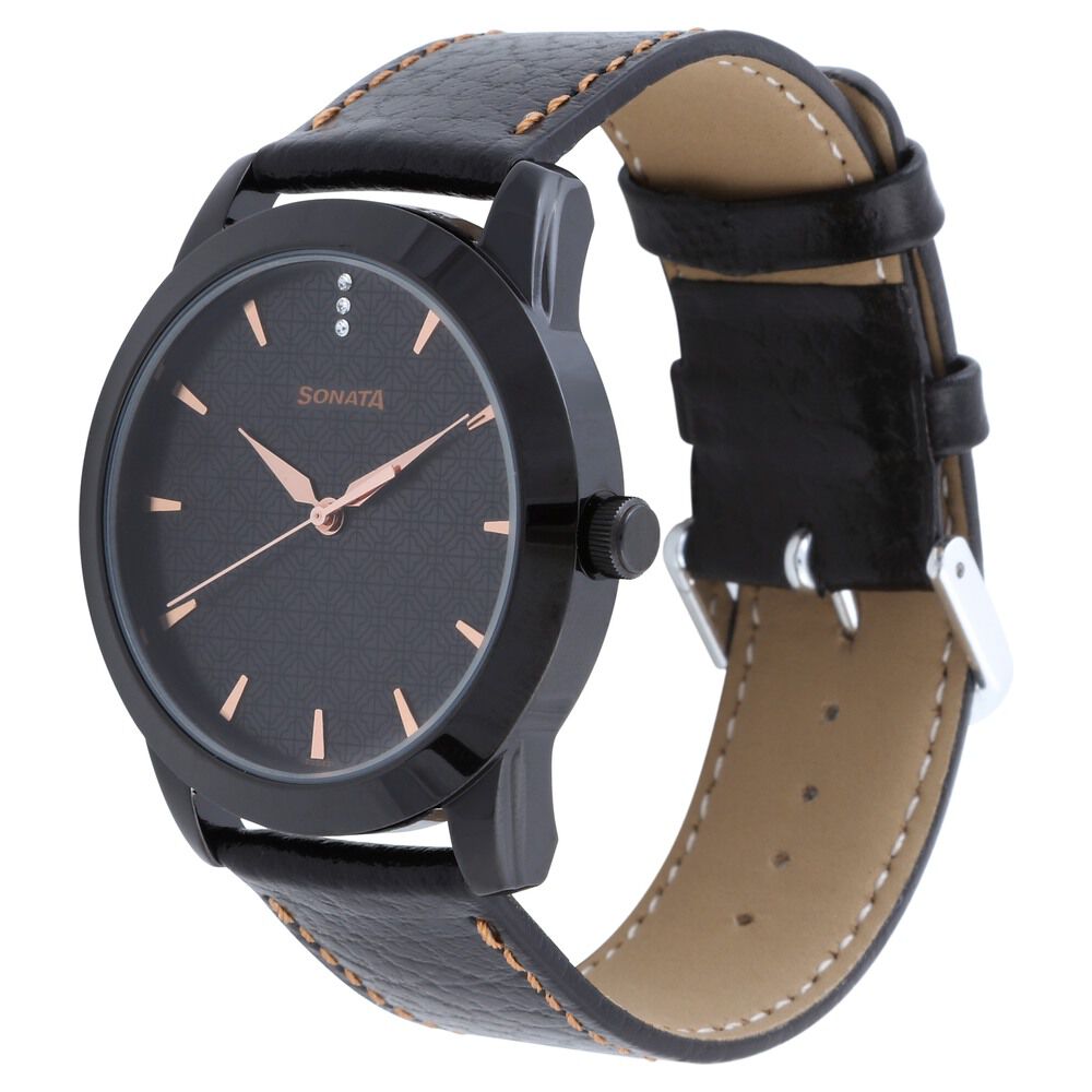 Buy Online Sonata Quartz Analog Black Dial Leather Strap Watch for Men ns7924nl01 Titan