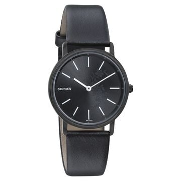 Sonata Silver Lining Black Dial Women Watch With Leather Strap